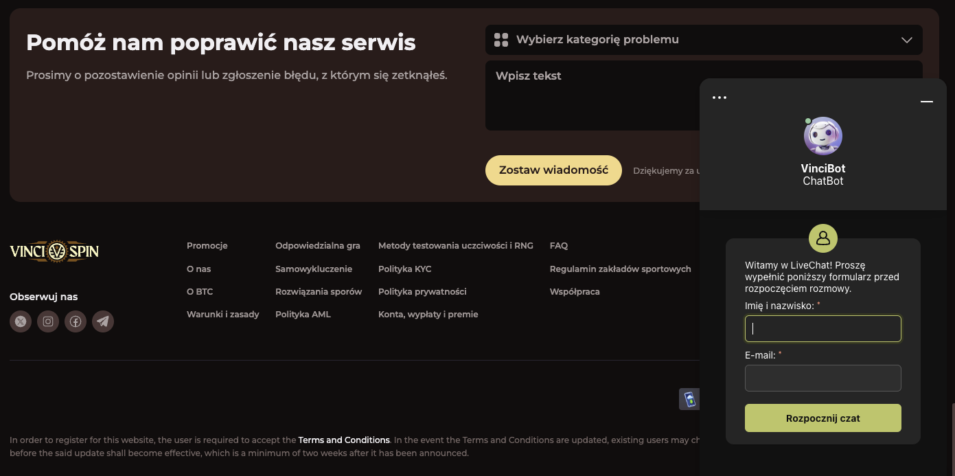 Obsługa graczy VinciSpin – Pomoc 24/7 przez czat na żywo, chatbot oraz e-mail. Profesjonalne wsparcie zawsze do Twojej dyspozycji!