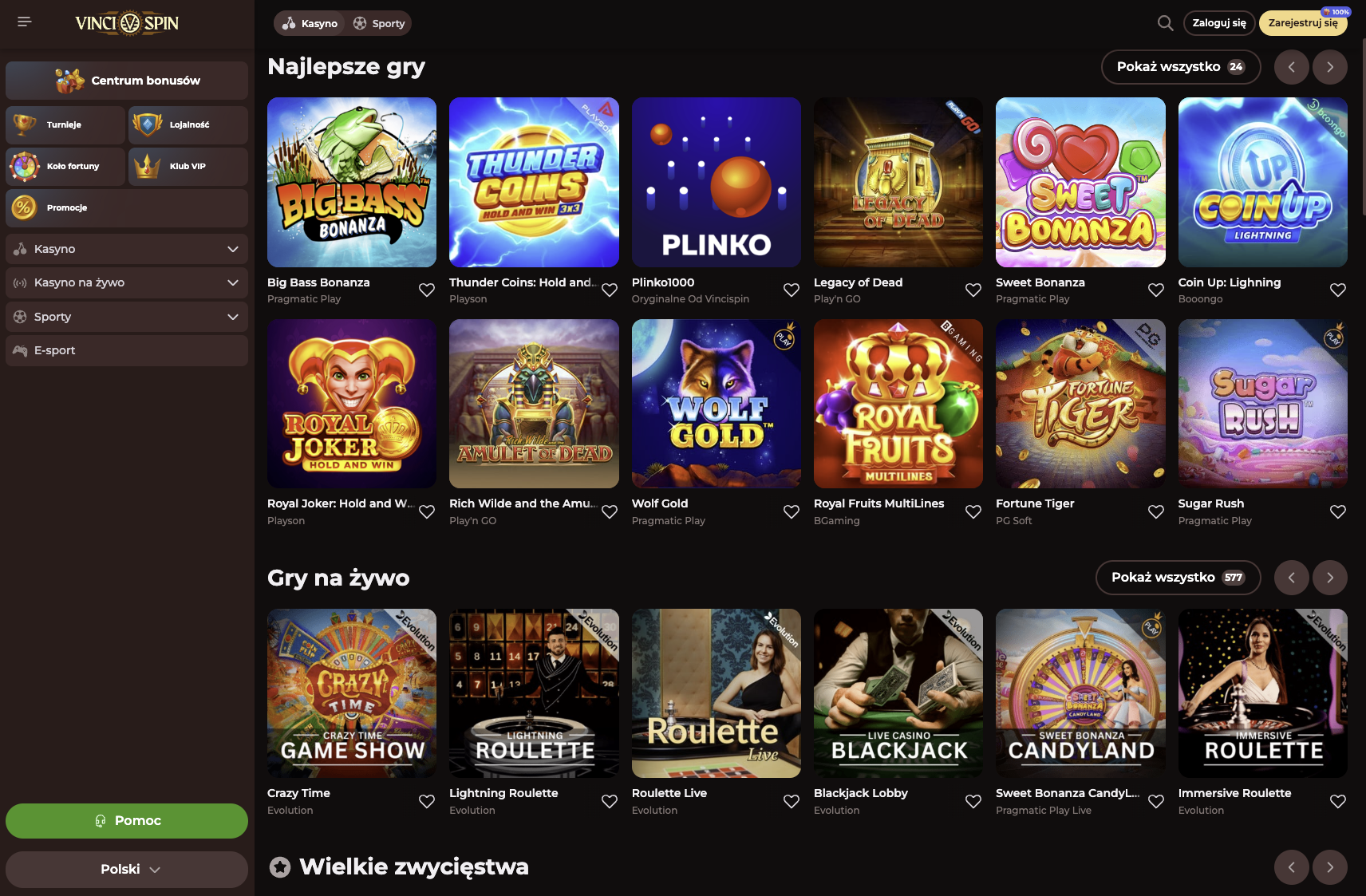 Biblioteka gier VinciSpin – Setki automatów, gier stołowych i kasyna na żywo od najlepszych producentów!