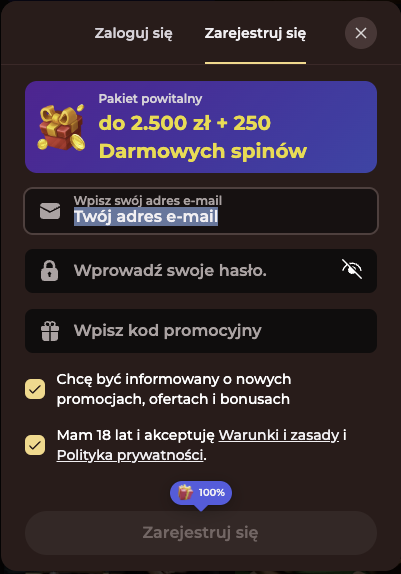 Wpisz swój adres e-mail w VinciSpin (www.bonusbezdepo.com)