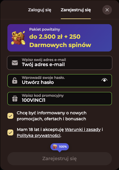 Wprowadź kod promocyjny bez depozytu w VinciSpin (www.bonusbezdepo.com)