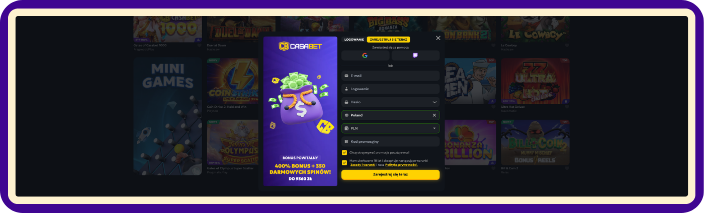 Zarejestruj się łatwo w Casabet Casino i aktywuj bonus bez depozytu kodem Online10, postępując zgodnie z zasadami rejestracji, warunkami promocji oraz wymaganiami dotyczącymi aktywacji oferty dostępnej dla nowych graczy.