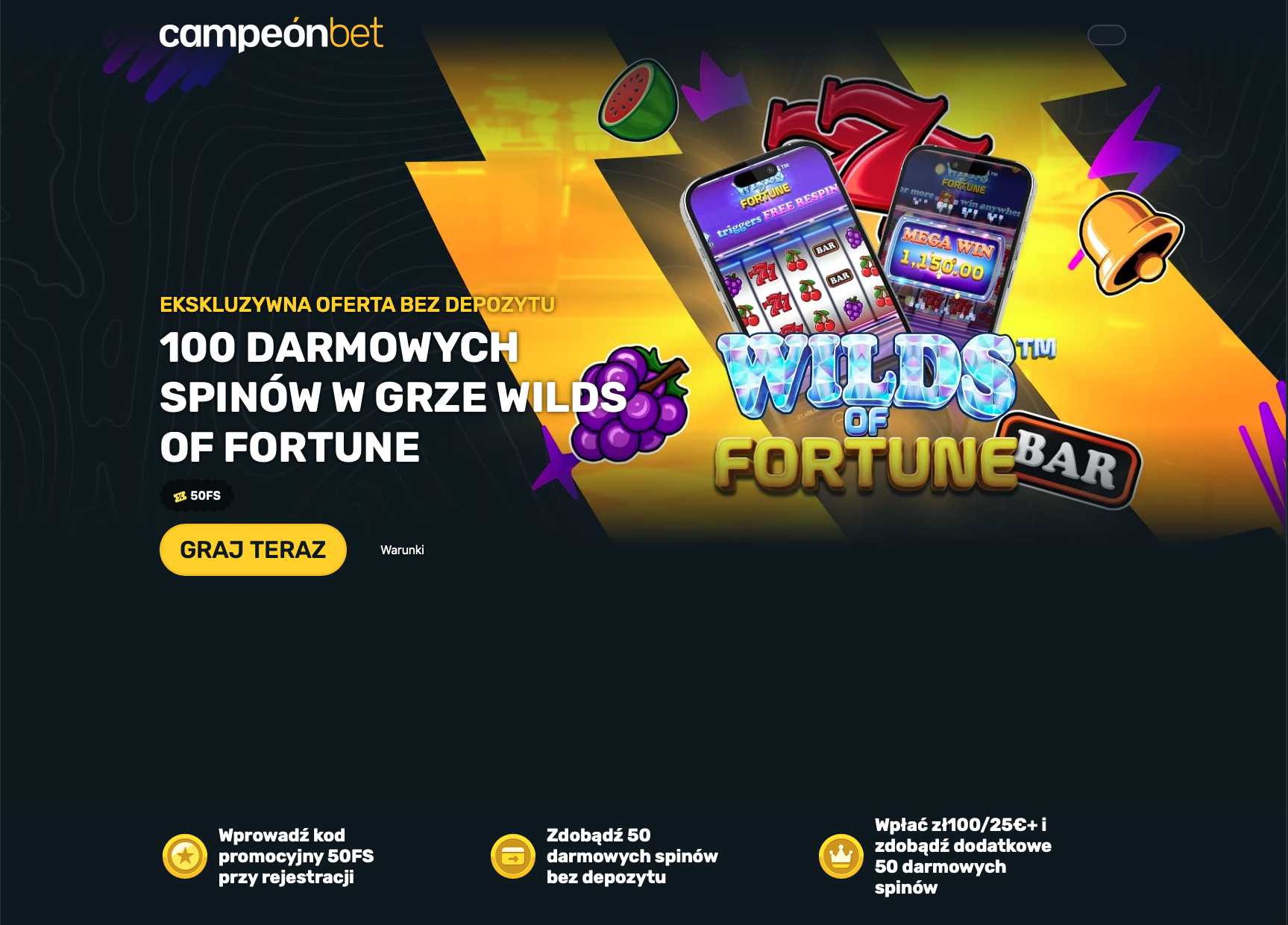 Strona bonusu bez depozytu w Campeonbet Casino z informacją o darmowych spinach dla nowych graczy