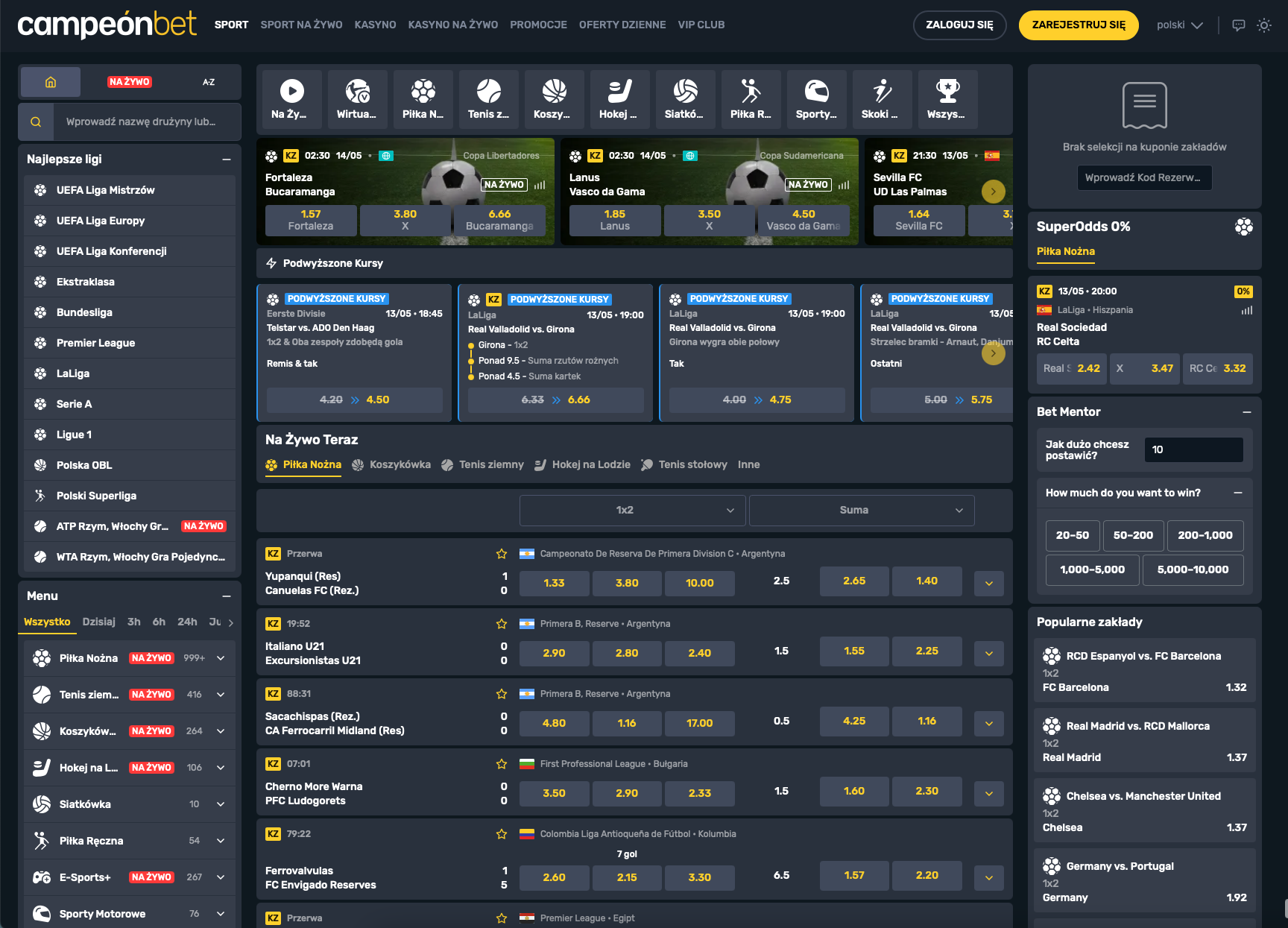 Sekcja zakładów sportowych w Campeonbet Casino z ofertą na piłkę nożną, tenis, e-sporty i zakłady na żywo