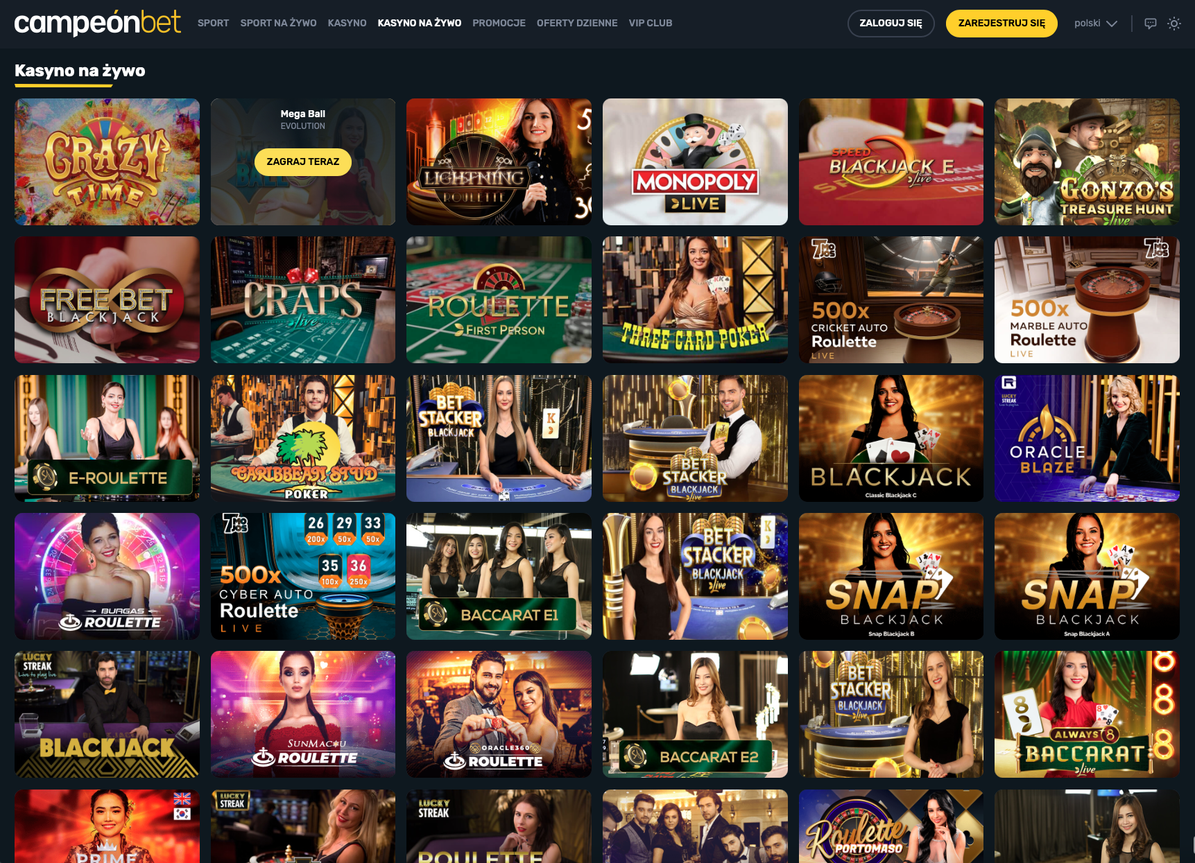 Live casino w Campeonbet Casino z grami takimi jak blackjack, ruletka i baccarat prowadzonymi przez prawdziwych krupierów