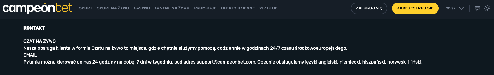 Obsługa klienta w Campeonbet Casino dostępna przez czat na żywo i e-mail 24/7