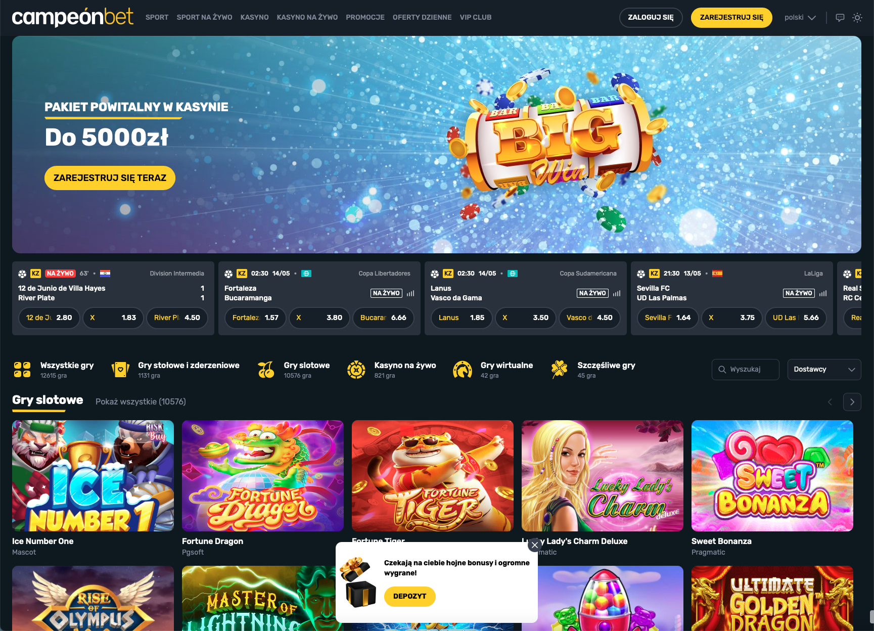 Strona główna Campeonbet Casino z menu, promocjami i najnowszymi grami