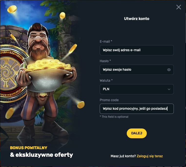 Trzeci krok rejestracji w Campeonbet Casino z możliwością wpisania kodu bonusowego i zakończenia rejestracji