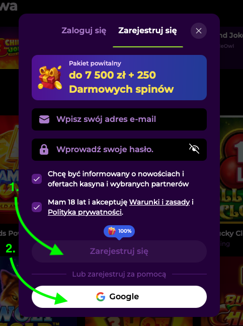 Kliknij Zarejestruj się lub zarejestruj się za pomocą Google, aby założyć konto w kasynie Spinmama (www.bonusbezdepo.com)