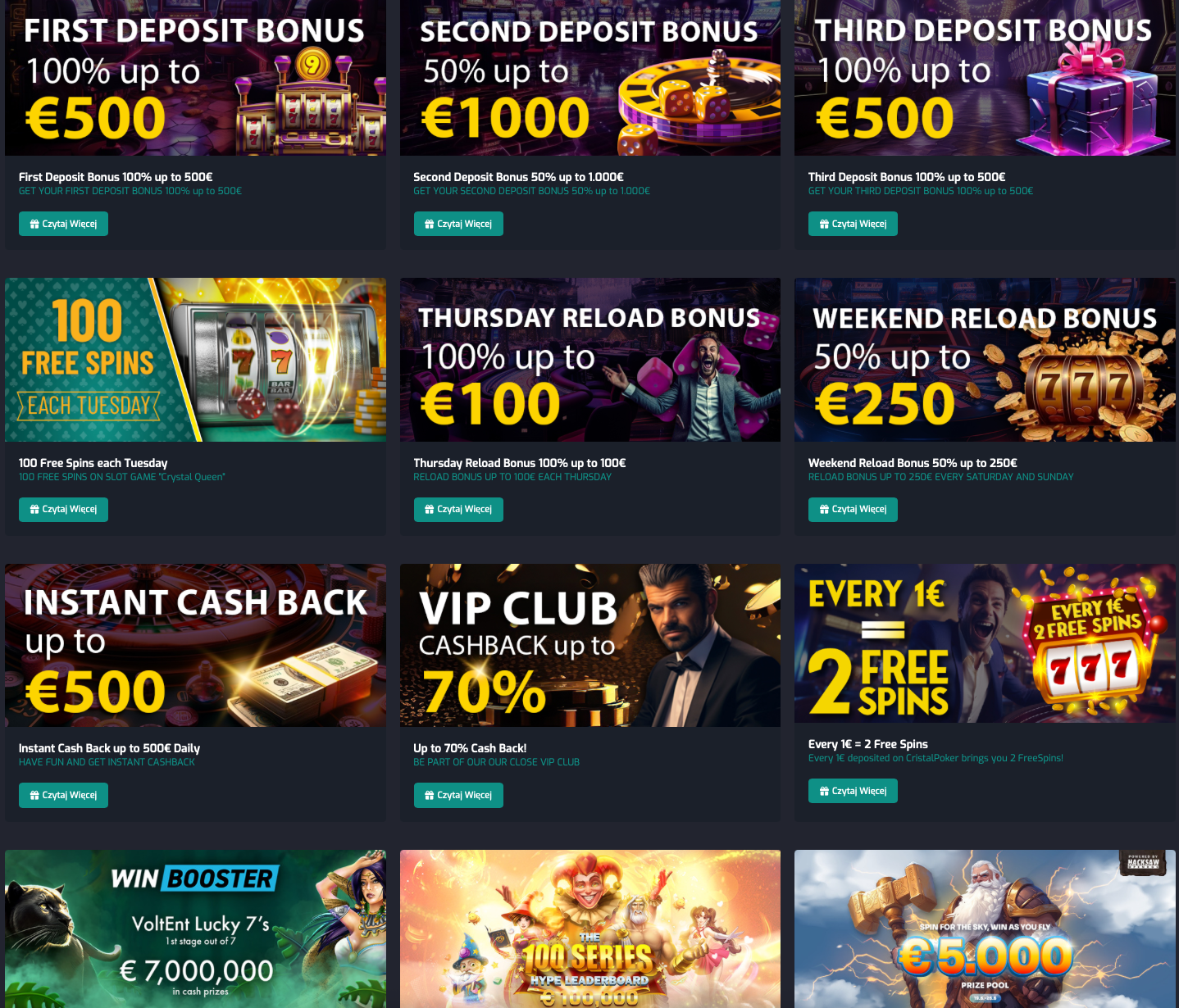 Przegląd bonusów w kasynie CristalPoker – bonusy od depozytu, doładowania, cashback, darmowe spiny i klub VIP z cashbackiem do 70%.