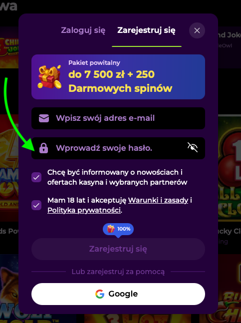 Podaj swoje hasło podczas rejestracji w Spinmama Casino (www.bonusbezdepo.com)