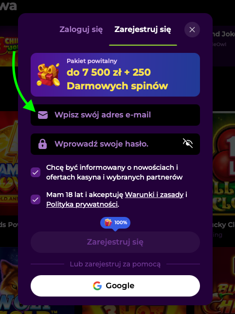 Wpisz swój adres e-mail podczas rejestracji w Spinmama Casino (www.bonusbezdepo.com)