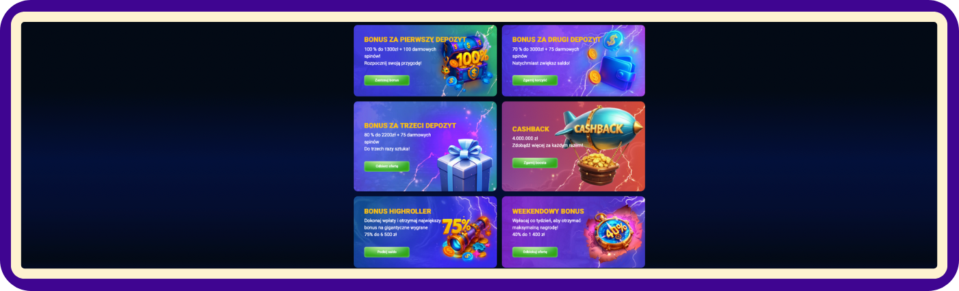 Inne promocje w AzurSlot Casino obejmują różne oferty i bonusy dostępne dla graczy poza bonusem bez depozytu oraz bonusem od depozytu, zgodnie z obowiązującymi zasadami i warunkami poszczególnych promocji.