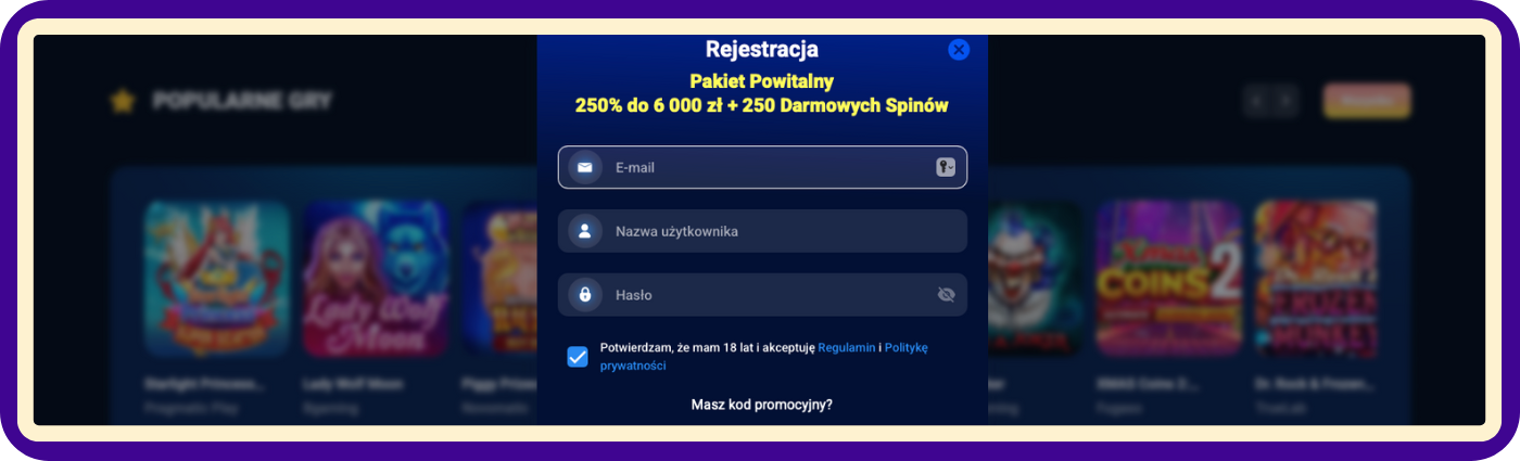 Krok 1 rejestracji w Azurslot Casino polega na podaniu adresu e-mail, nazwy użytkownika oraz bezpiecznego hasła, potwierdzeniu ukończenia 18 lat oraz wpisaniu kodu promocyjnego umożliwiającego aktywację oferty bonusu bez depozytu zgodnie z obowiązującymi warunkami.