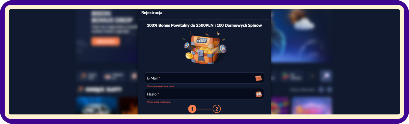 Krok 1 tworzenia konta w Bison Casino – wpisz swój adres e-mail i hasło w bezpieczny i odpowiedzialny sposób, aby rozpocząć zakładanie konta z pełną kontrolą nad danymi.