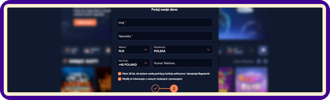 Krok 2 zakładania konta w Bison Casino – podaj swoje dane osobowe i potwierdź ukończenie 18 lat, aby bezpiecznie i odpowiedzialnie zakończyć proces tworzenia konta z pełną kontrolą nad informacjami.